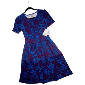 LuLaRoe Amelia Dress XS Floral Purple Blue Zipper Box Pleat Pockets Liverpool